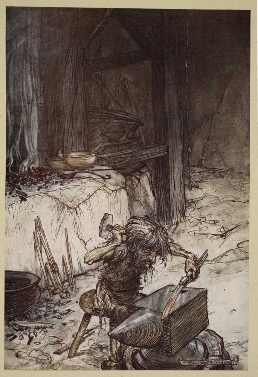 Pantomima na kovadlině, ilustrace z „Siegfried a soumrak bohů“, 1924 od Arthur Rackham