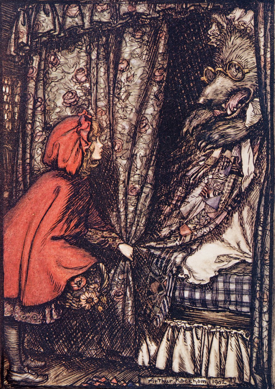 Ó, babičko, jaké máš velké uši, řekla z hospody Pohádek bratří Grimmů. 1909 od Arthur Rackham