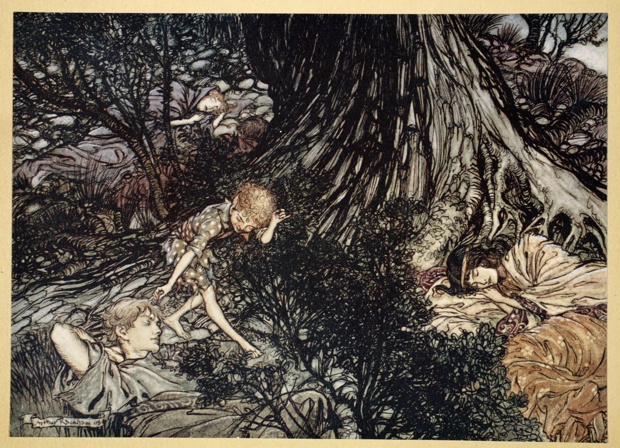 Na zemi Zvuk spánku: Aplikuji na tvé oko, jemný milence, lék, ilustrace ze „Snu nocí svatojánských“ od Williama Shakespeara, 1908 od Arthur Rackham
