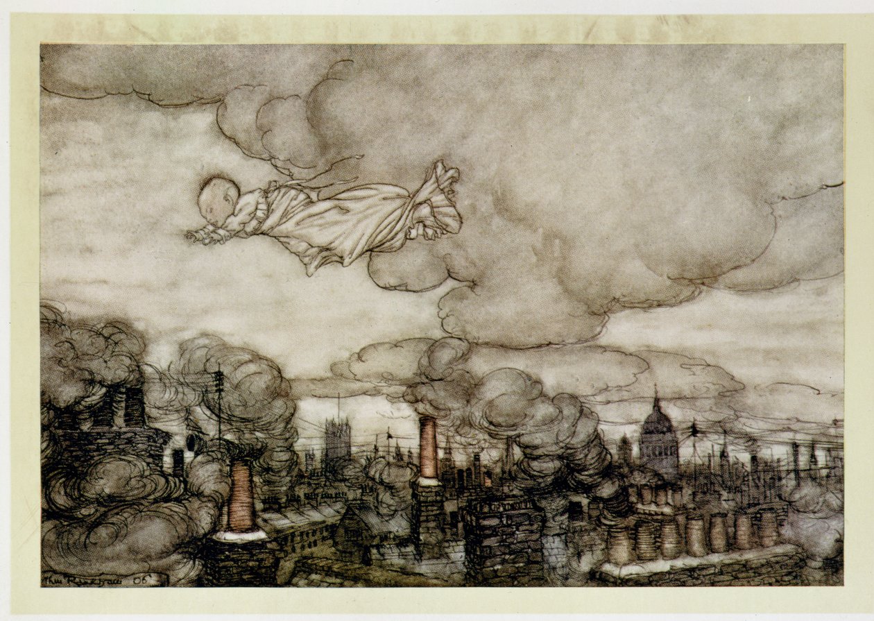 Peter Pan letící nad Londýnem, ilustrace z „Petera Pana“ od J. M. Barrieho (1860-1937) od Arthur Rackham