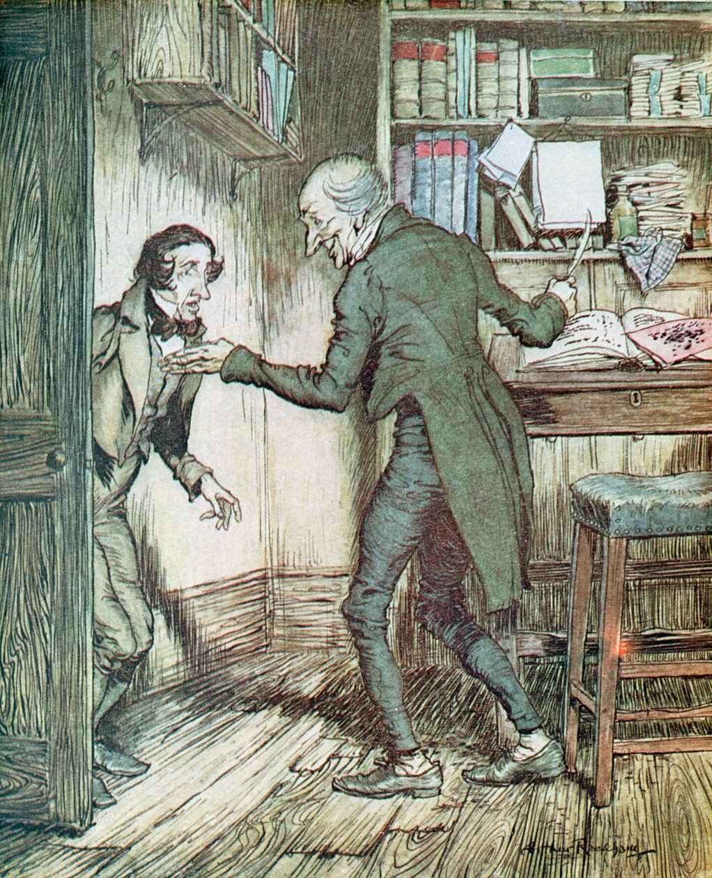 Scrooge a Bob Cratchit z Dickensovy 