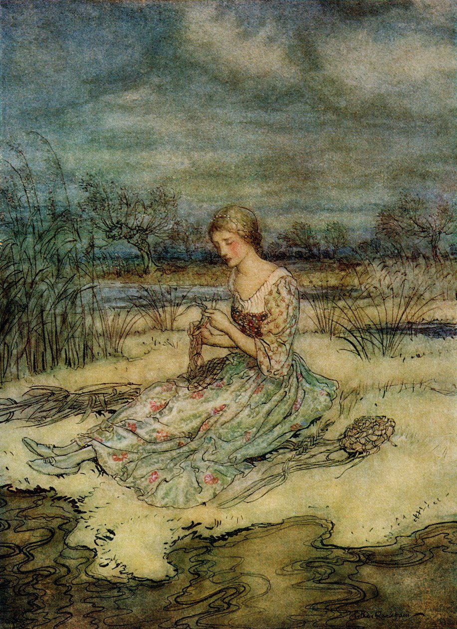 Posadila se a zapletla si kombinézu spěchajících a odpovídající čepici z anglických pohádek převyprávěných F.A. Steelem, 1927 od Arthur Rackham