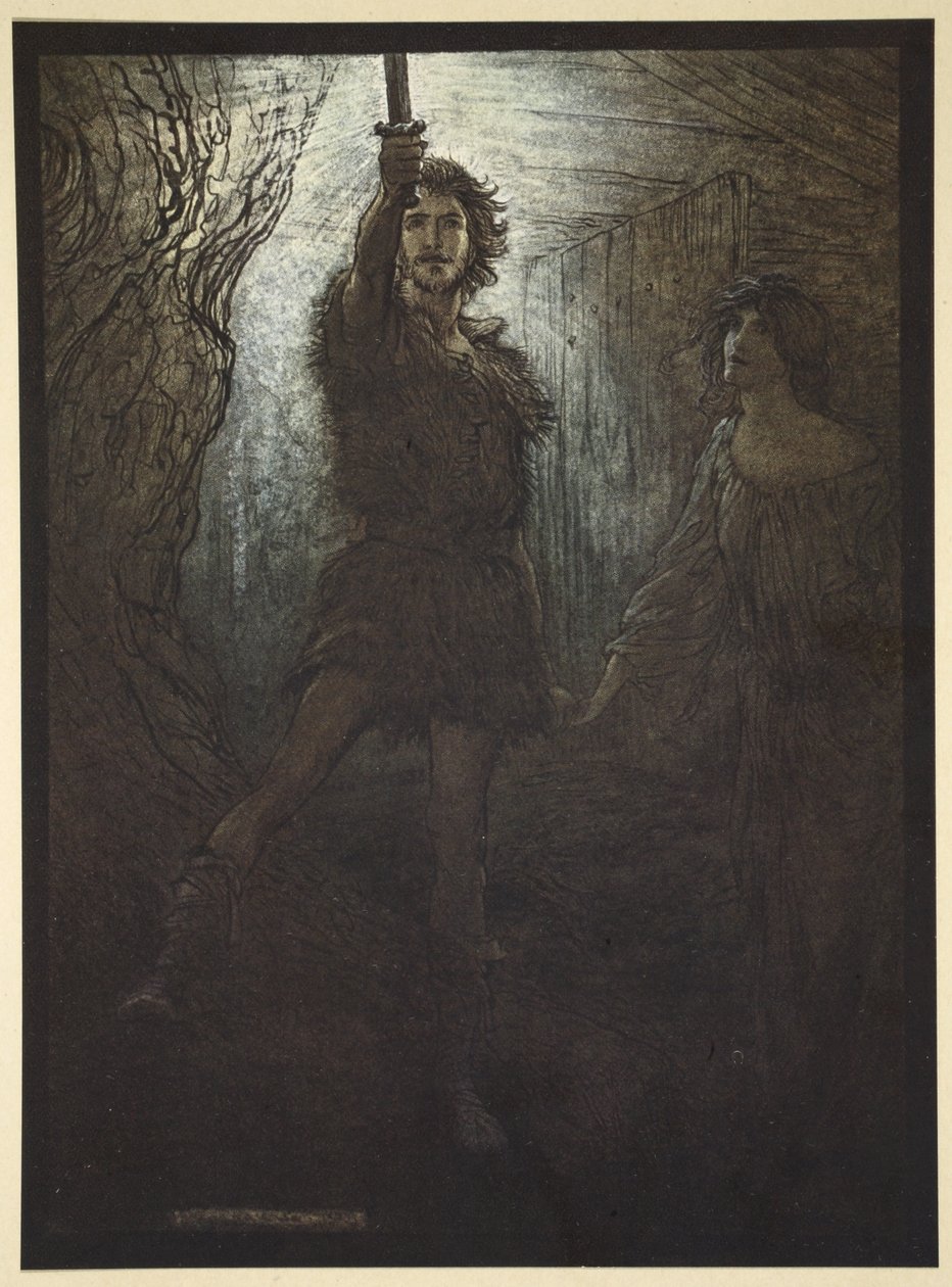 "Siegmunda Walsunga vidíš! Jako dar nevěsty ti přináší svůj meč", ilustrace z "Rýnského zlata a valkýry", 1910 od Arthur Rackham