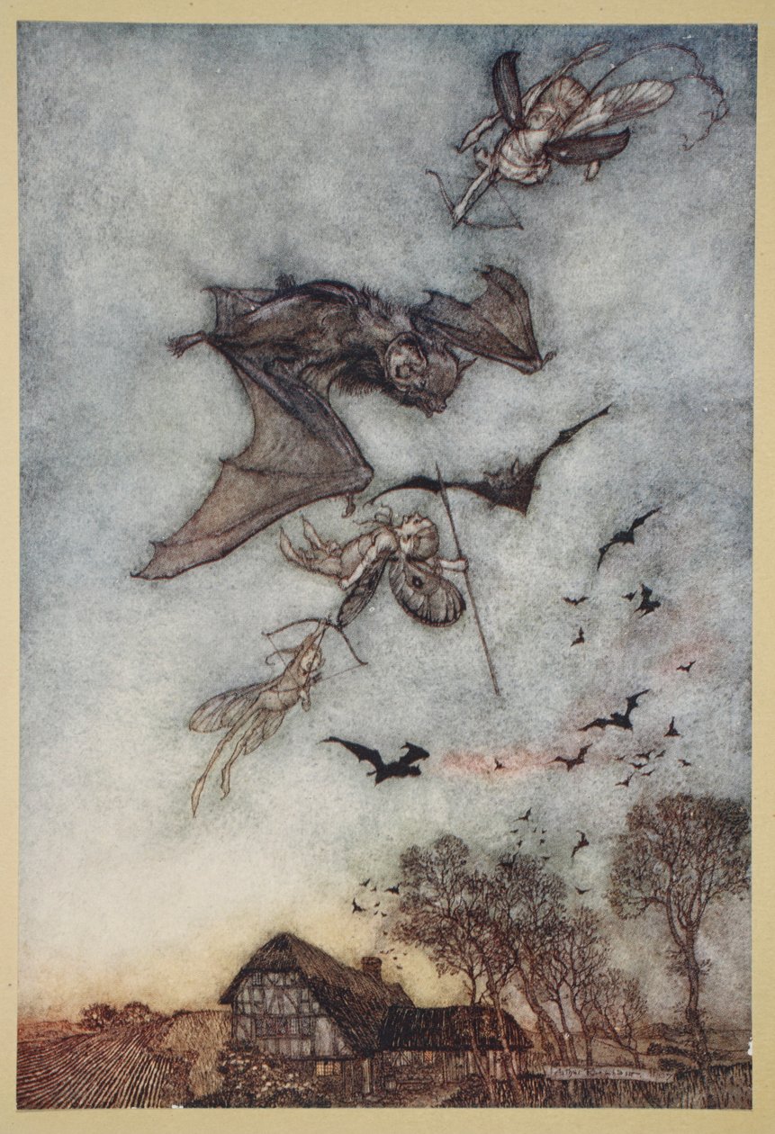Nějaká válka s rere-myšími za jejich kožená křídla, ilustrace ze „Snu nocí svatojánských“ od Williama Shakespeara, 1908 od Arthur Rackham