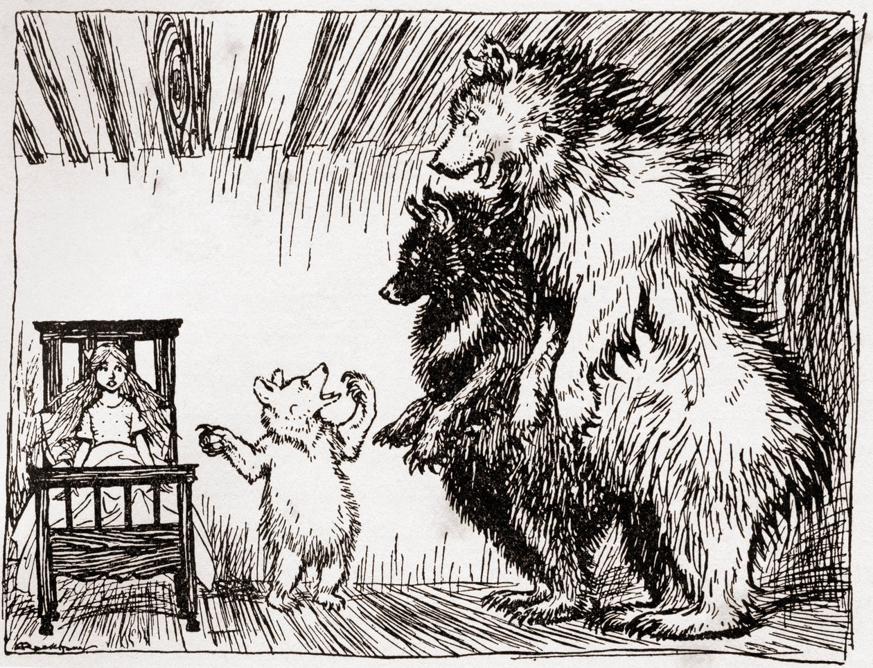 Někdo ležel v mé posteli a tady je, ilustrace ke Zlatovlásce a třem medvědům z anglických pohádek převyprávěných F.A. Steelem, 1927 od Arthur Rackham