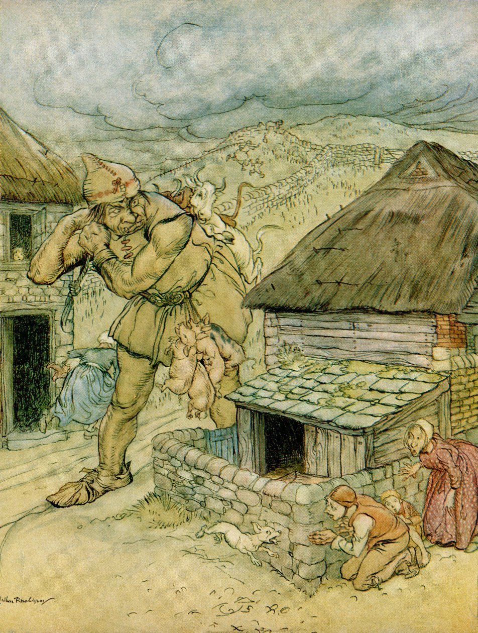 Obří Cormoran byl postrachem celého venkova, ilustrace k Jacku the Giant Killer z anglických pohádek převyprávěných F.A. Steelem, 1927 od Arthur Rackham