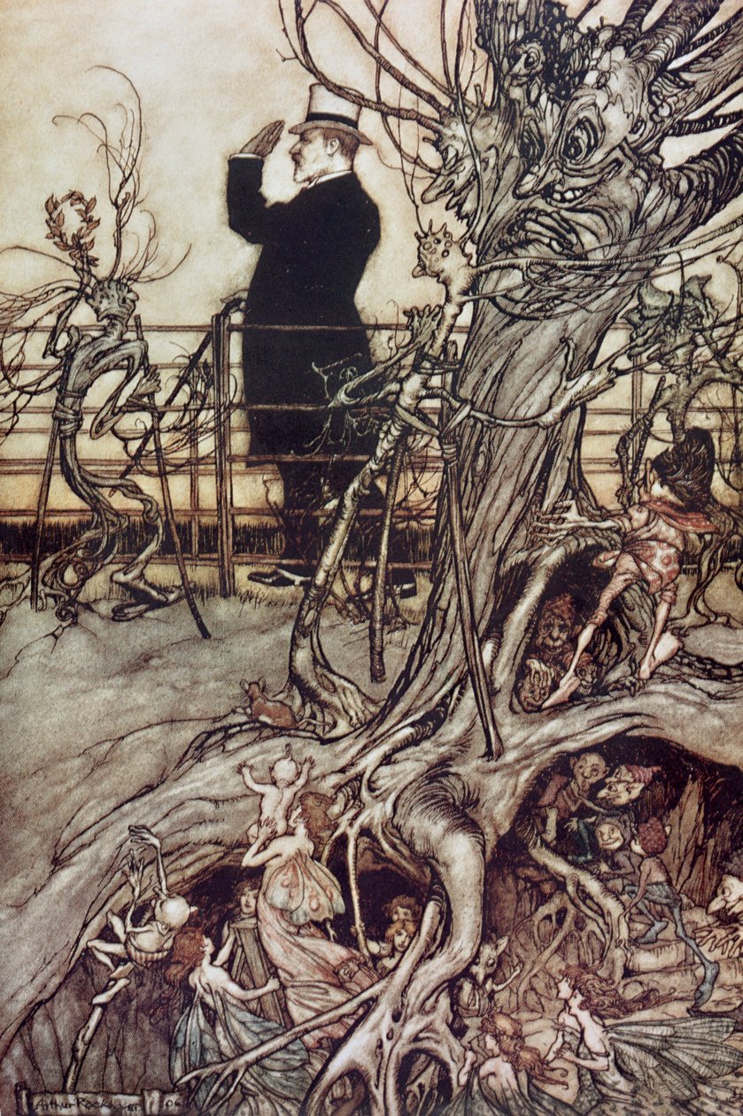 Kensingtonské zahrady jsou v Londýně, kde žije král z „Petra Pana v Kensingtonských zahradách“ od J. M. Barrieho, 1906 od Arthur Rackham