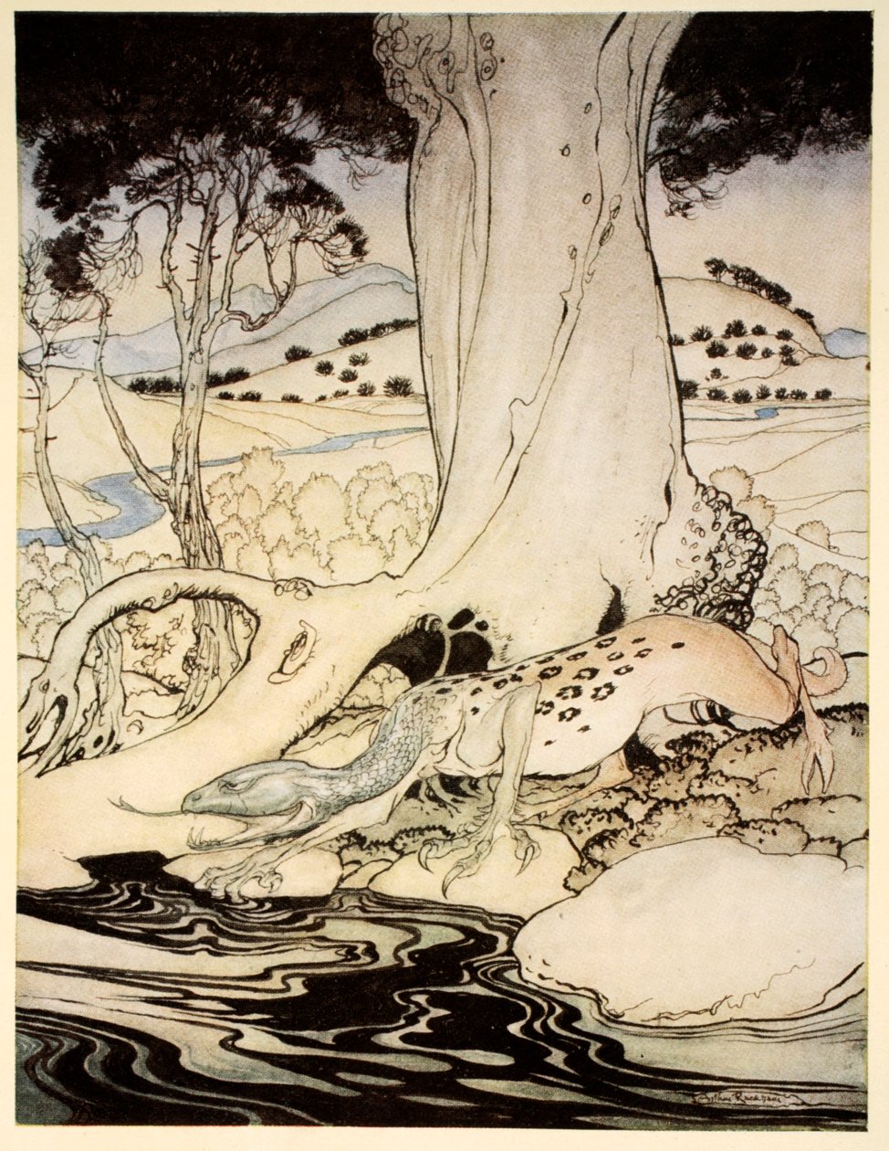 The Questing Beast, ilustrace z „Romantika krále Artuše a jeho rytířů kulatého stolu“ od Alfreda W. Pollarda, 1910 od Arthur Rackham
