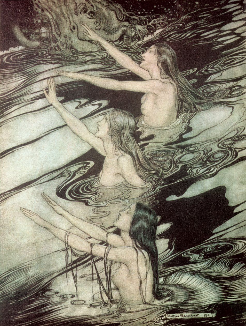 Rýnské panny z „Siegfrieda a soumraku bohů“ od Richarda Wagnera, 1911 od Arthur Rackham