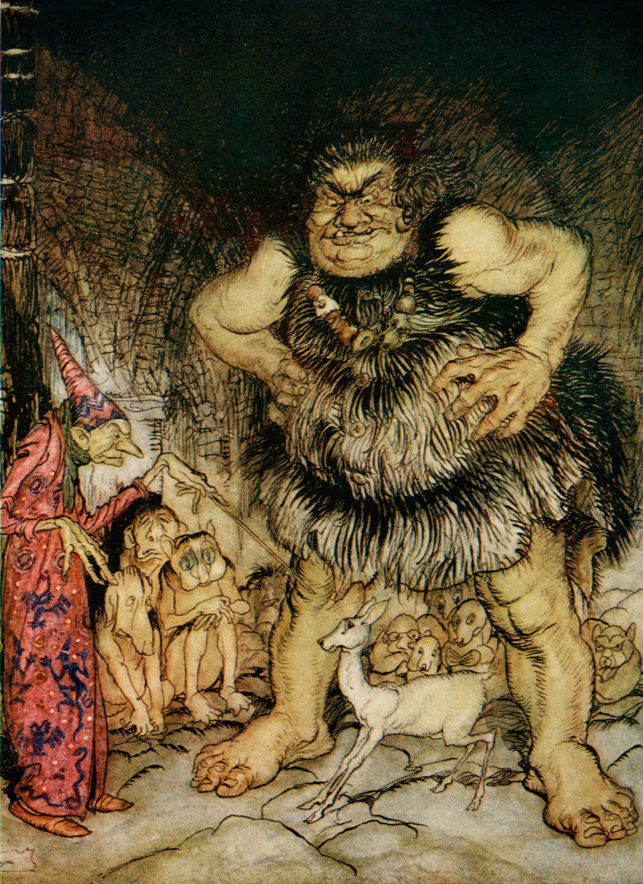 Obří Galligantua a zlý starý kouzelník promění vévodovu dceru v bílou zadní, ilustrace k Jacku the Giant Killer z anglických pohádek převyprávěných F.A. Steelem, 1927 (barevná lith od Arthur Rackham