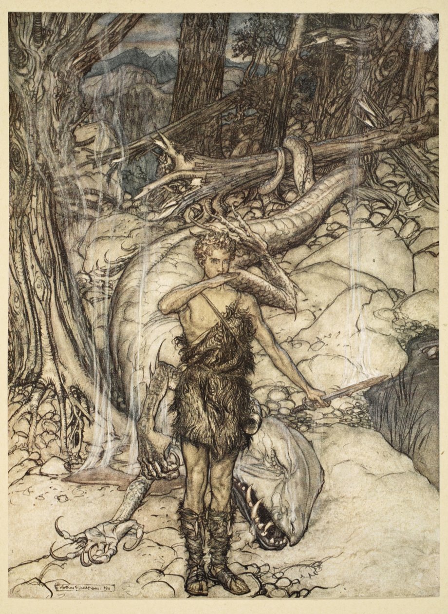 "Horká krev hoří jako oheň!", ilustrace z filmu "Siegfried a soumrak bohů", 1924 od Arthur Rackham
