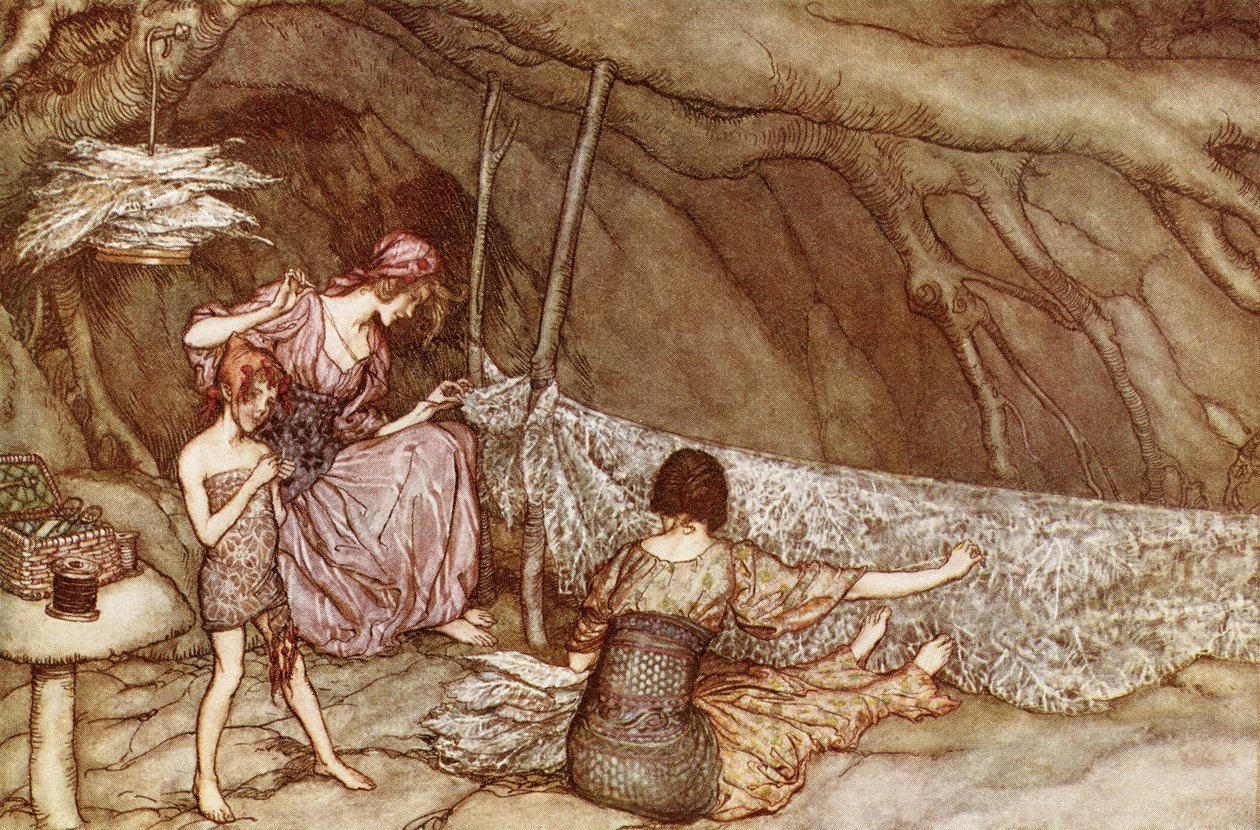 „Lidé si pletou své letní závěsy z listů koster“ z knihy „Peter Pan v Kensington Gardens“ od J. M. Barrieho (1860-1937), vydané v roce 1910 od Arthur Rackham