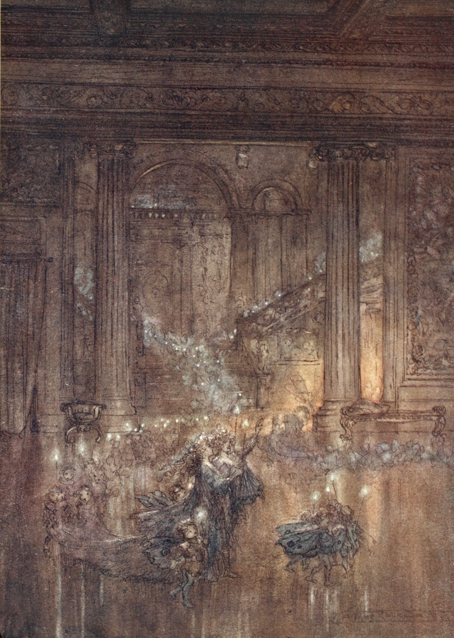 Skrz dům dej mihotavé světlo, U mrtvého a ospalého ohně, ilustrace ze „Snu nocí svatojánských“ od Williama Shakespeara, 1908 od Arthur Rackham