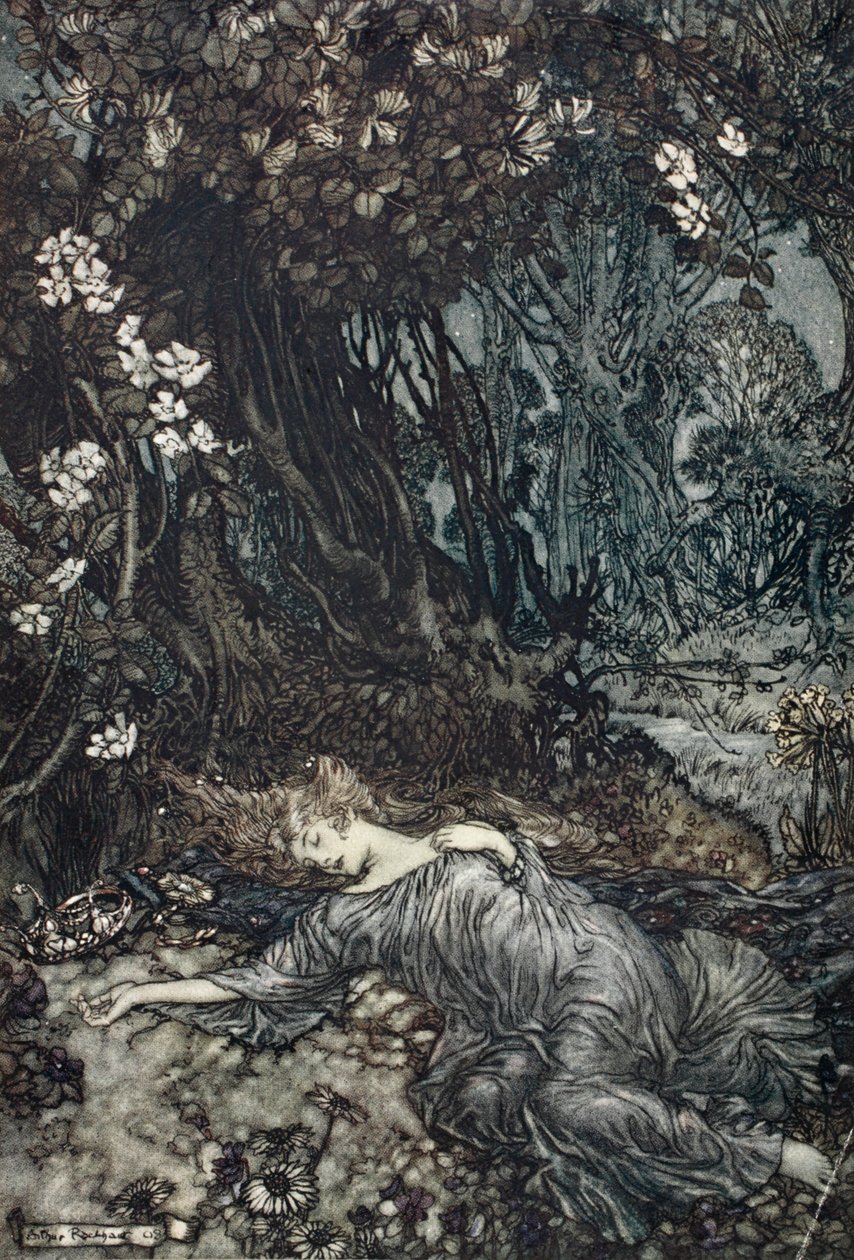 Titania ležící ve spánku, ilustrace ze „Snu nocí svatojánských“ od Williama Shakespeara, 1908 od Arthur Rackham