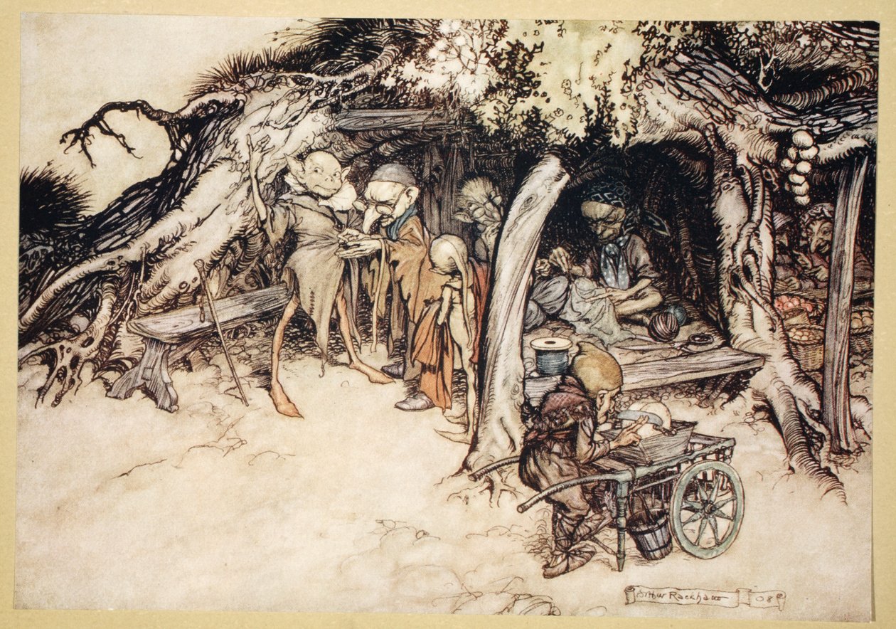 K výrobě mých malých elfích kabátů, ilustrace ze „Snu nocí svatojánských“ od Williama Shakespeara, 1908 od Arthur Rackham