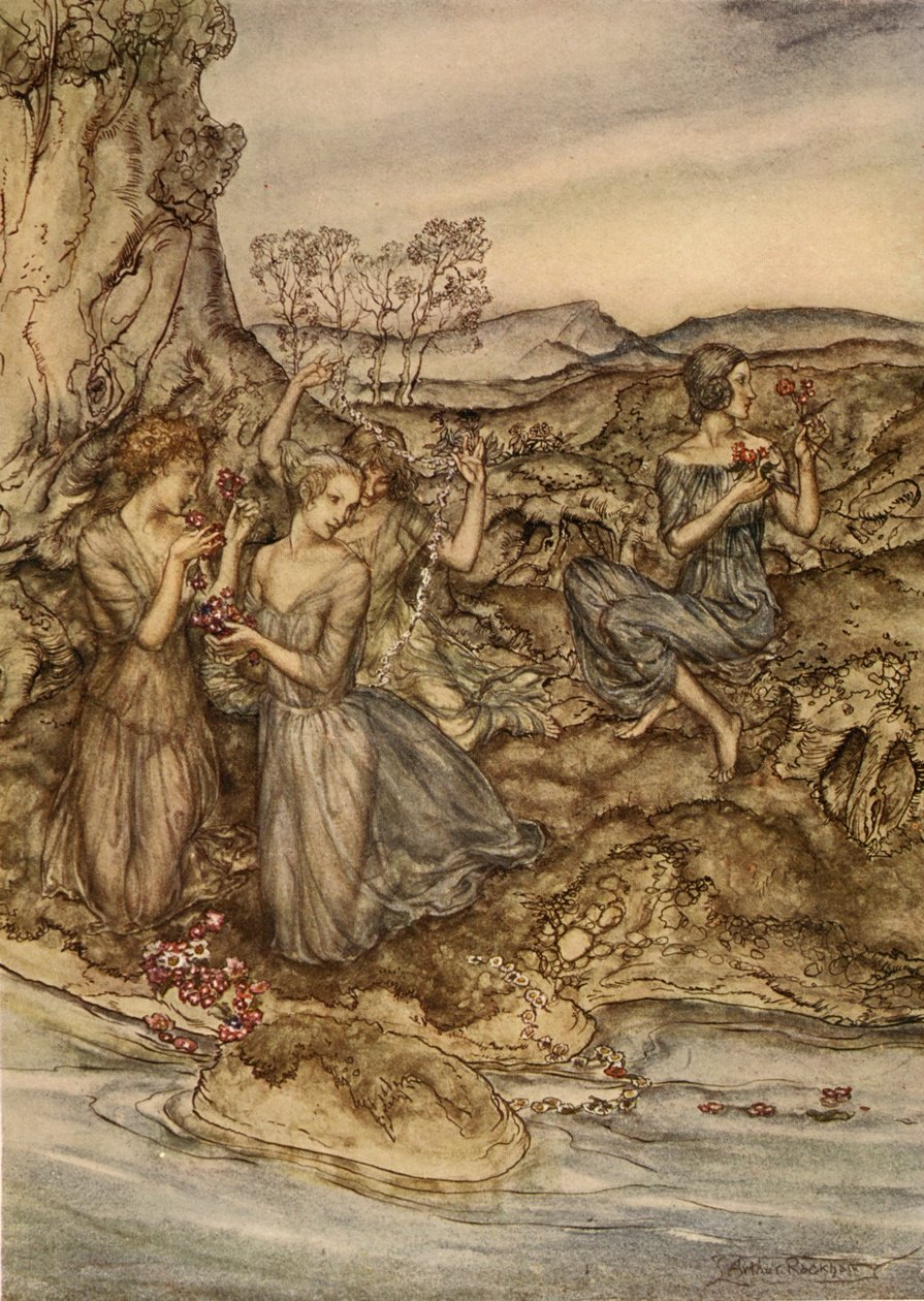 Splétané věnce z květin, ilustrace z knihy „Zázračná kniha pro dívky a chlapce“ od Nathaniela Hawthorna, 1928 od Arthur Rackham