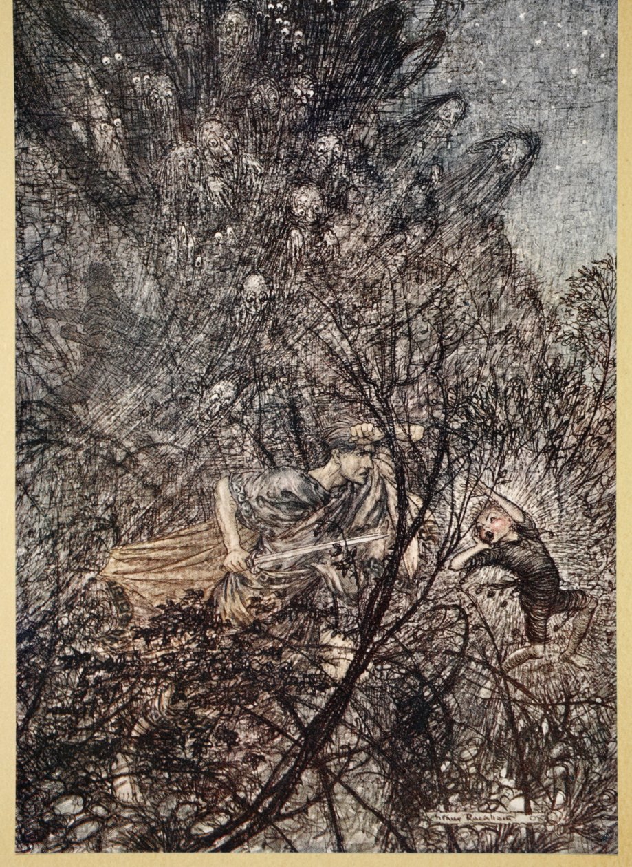 Nahoru a dolů, nahoru a dolů, Gobline, veď je nahoru a dolů, ilustrace ze „Snu nocí svatojánských“ od Williama Shakespeara, 1908 od Arthur Rackham
