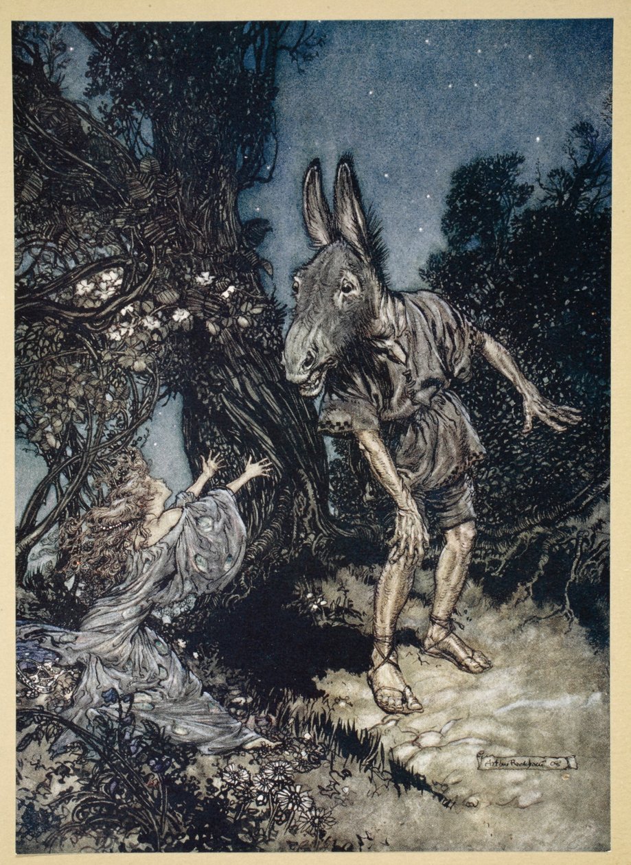 Jaký anděl mě probouzí z mé květinové postele, ilustrace ze „Snu nocí svatojánských“ od Williama Shakespeara, 1908 od Arthur Rackham