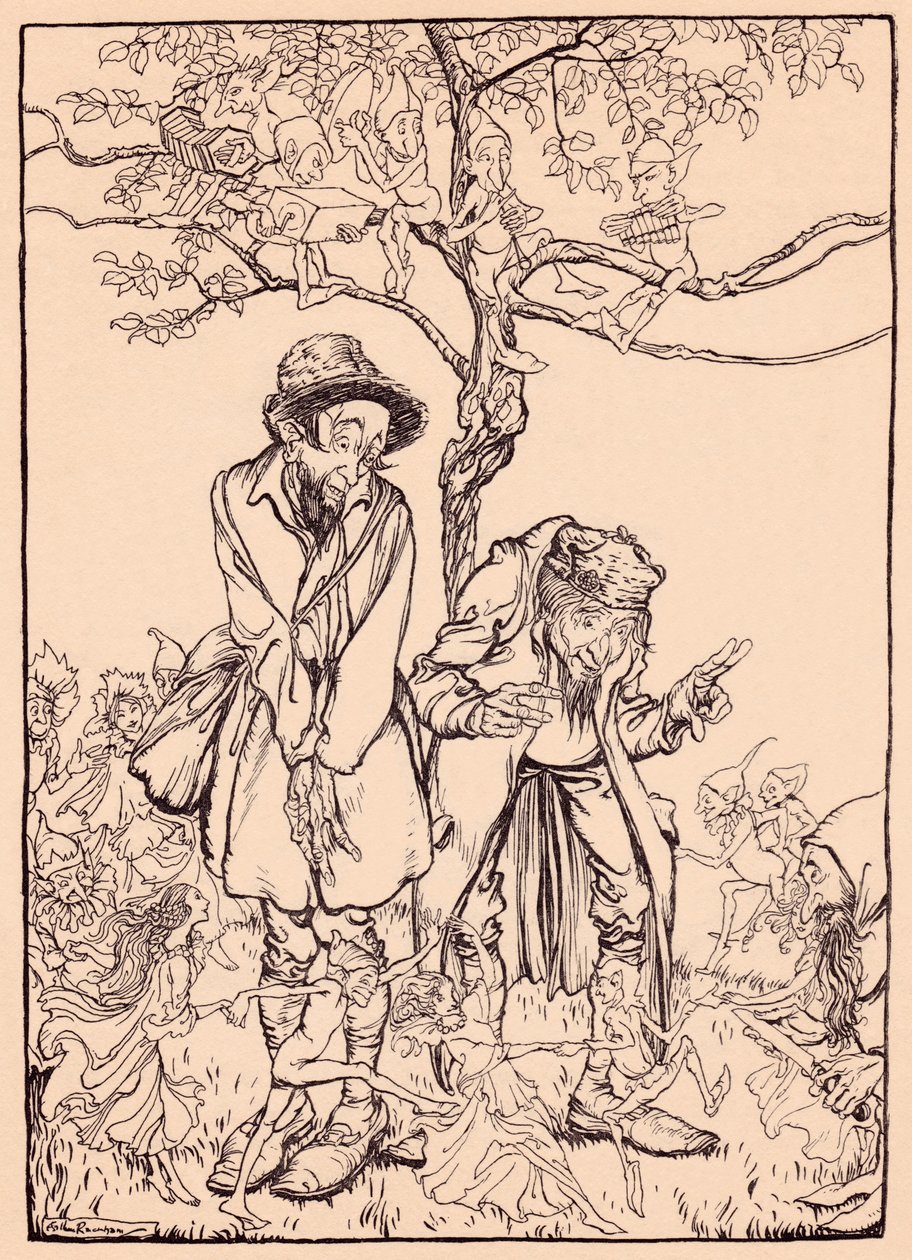 „Když bylo dost ostré, rozhlédl se po cizincích“, ilustrace z „Grimmova pohádka, dárky malého lidu“ od Arthur Rackham