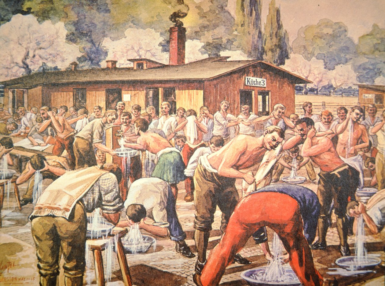 Spojenečtí váleční zajatci při jejich umývání v německém zajateckém táboře v Geissen (barevné lito) od Arthur (after) Nantel
