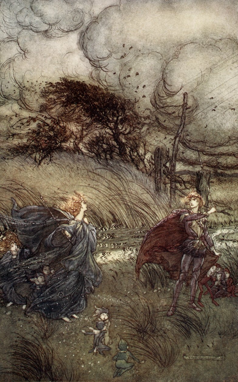 A teď se nikdy nepotkají v háji nebo v zeleni, u fontány, jasného nebo třpytivého hvězdného lesku. Ale dělají čtvercové, ilustrace ze „Snu nocí svatojánských“ od Williama Shakespeara od Arthur (after) Rackham