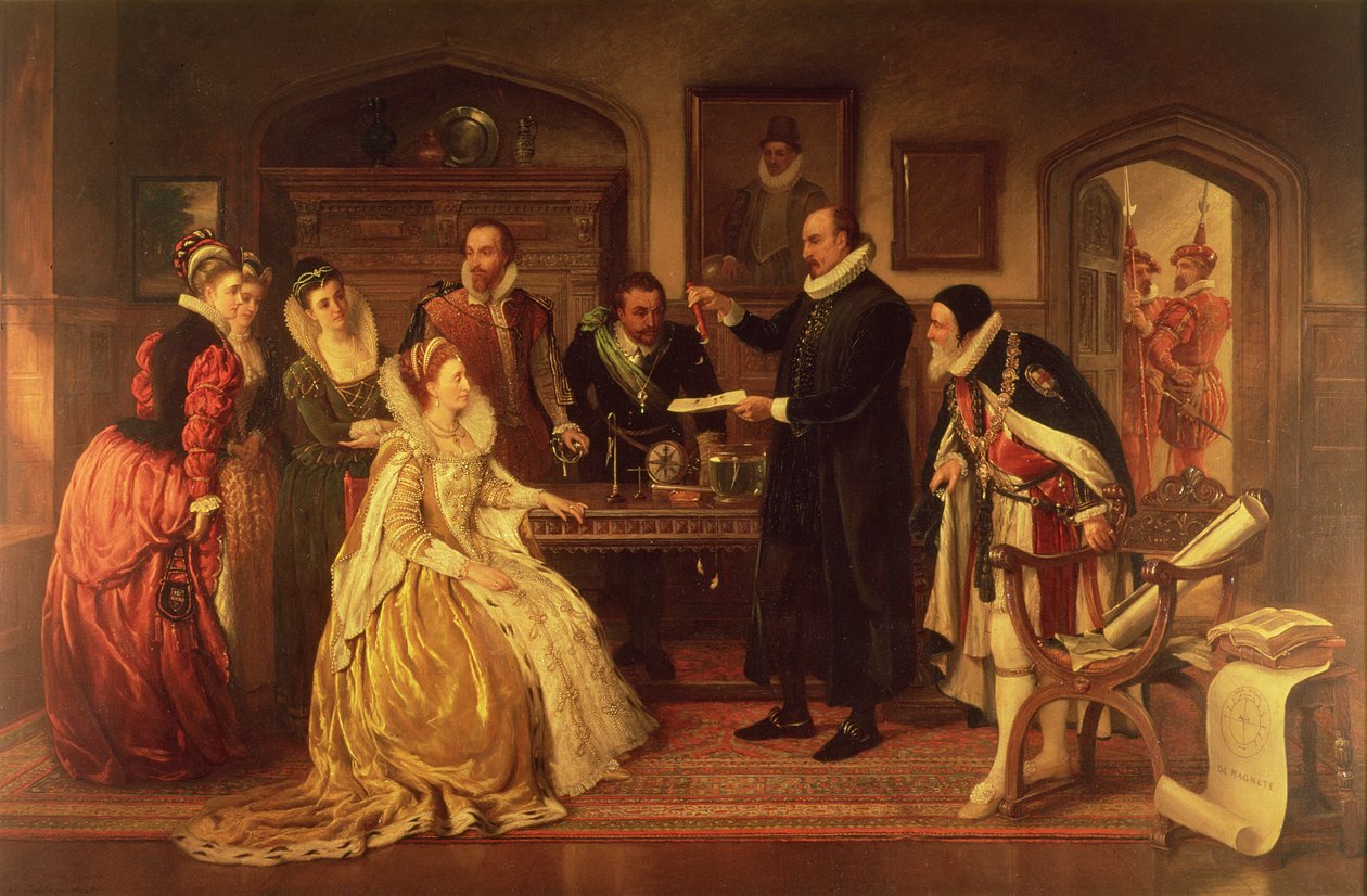 Dr William Gilbert (1544-1603) ukazuje svůj Experiment s elektřinou královně Alžbětě I. a jejímu dvoru, 19. století (viz detail 99460) od Arthur Ackland Hunt
