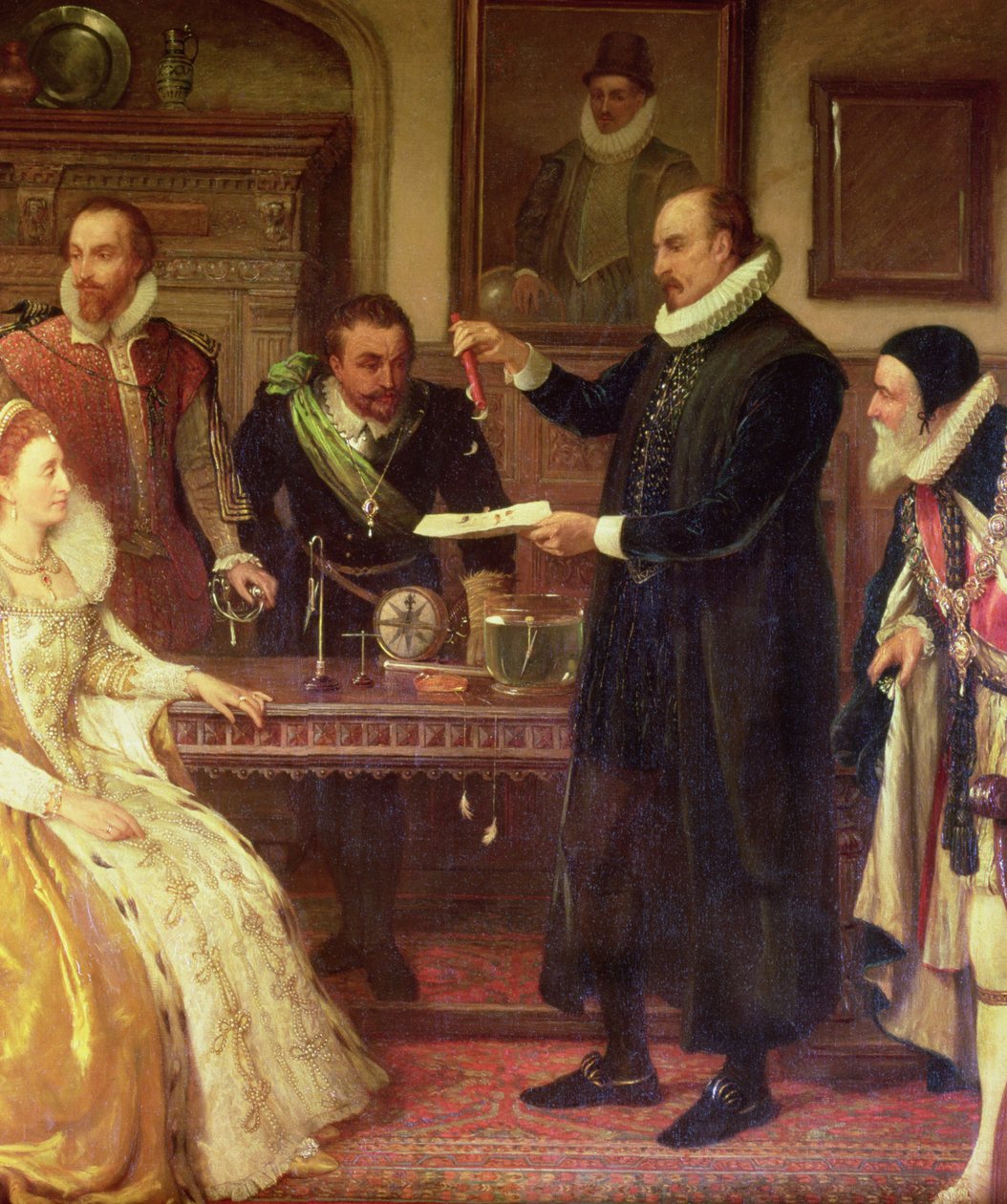 Dr William Gilbert 1544-1603 Ukazuje svůj experiment s elektřinou královně Alžbětě I. a jejímu dvoru, detail Gilberda, olej na plátně z 19. století od Arthur Ackland Hunt