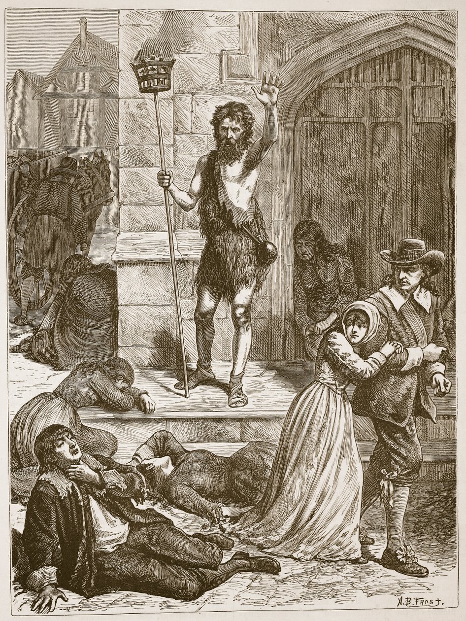 Maniak vyhlašující zkázu Londýna během velkého moru, ilustrace z „Cassell