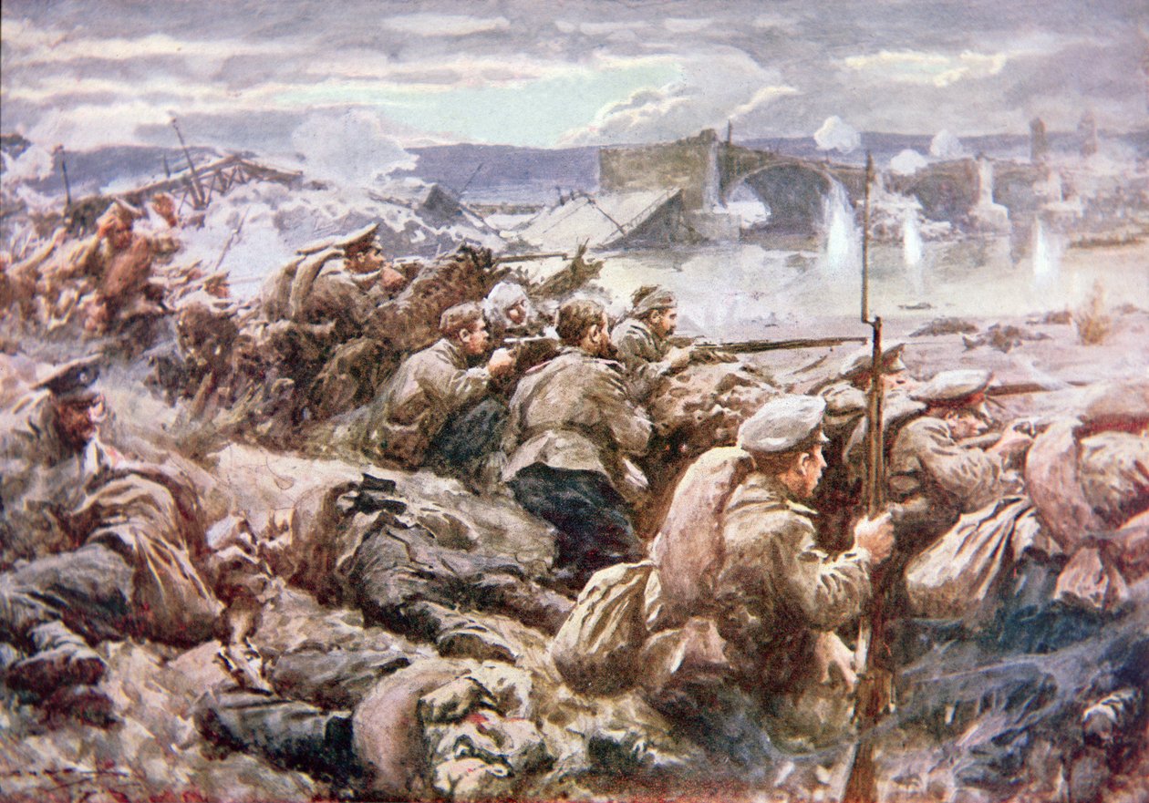 Hrdinská ruská zadní voj ve velkém polském ústupu (barva litho) od Arthur C. (after) Michael