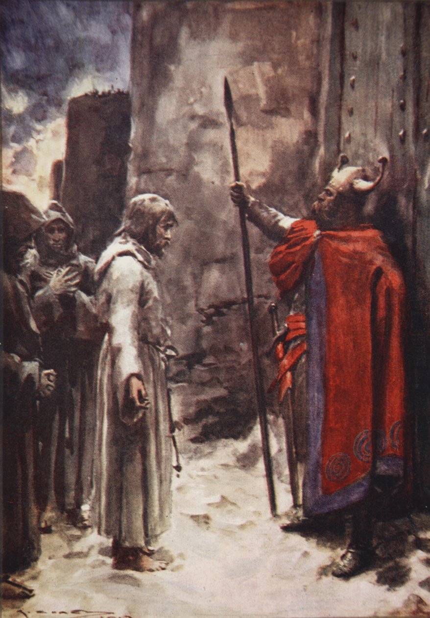 Bosý, ve vlasové košili, se Henry objevil před branami a prosil o vstup, ilustrace z „Historie Německa“ od H.E. Marshall od Arthur C. (after) Michael