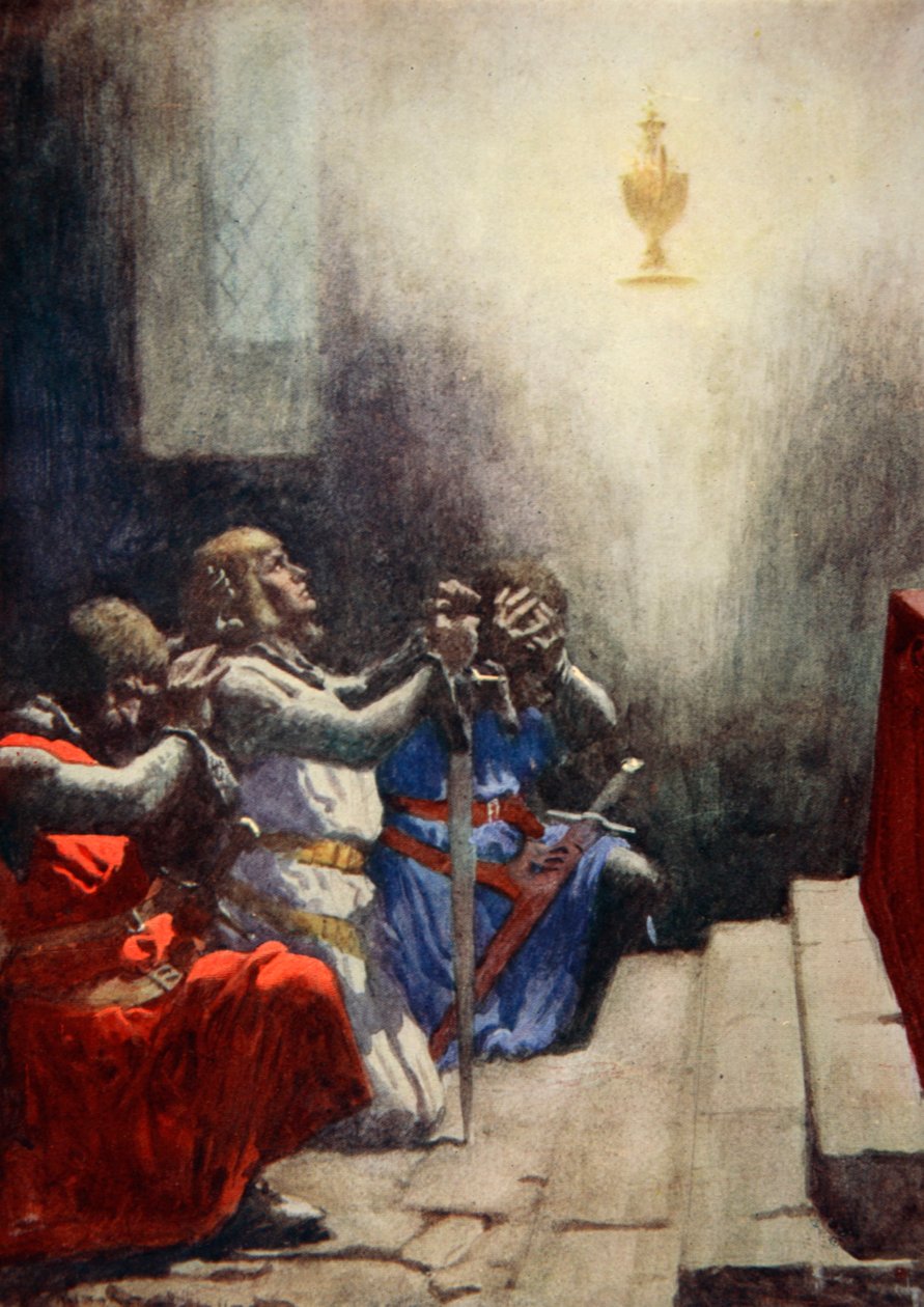 Galahad sám mohl vidět dokonalou krásu Svatého grálu, kolem roku 1925 (barva litho) od Arthur C. (after) Michael