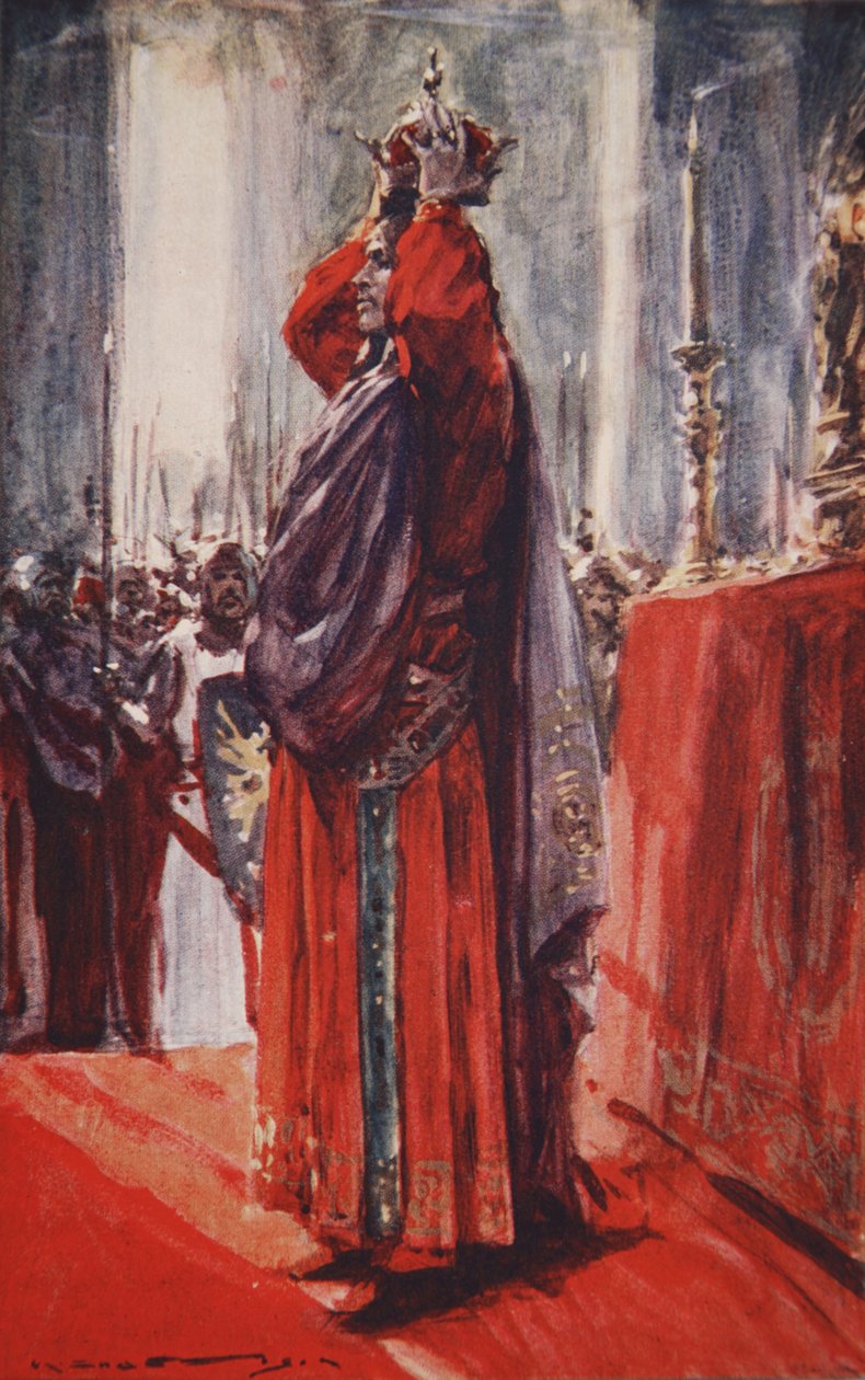 Došel k oltáři, kde ležela koruna: zvedl ji a položil si ji na hlavu, ilustrace z „Historie Německa“ od H.E. Marshall od Arthur C. (after) Michael