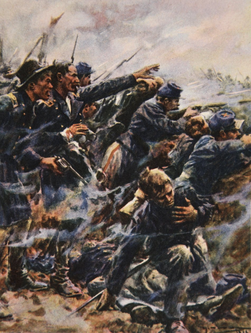 Příliv v Gettysburgu, ilustrace z „Tato naše země, Příběh Spojených států“ od H.E. Marshall od Arthur C. (after) Michael