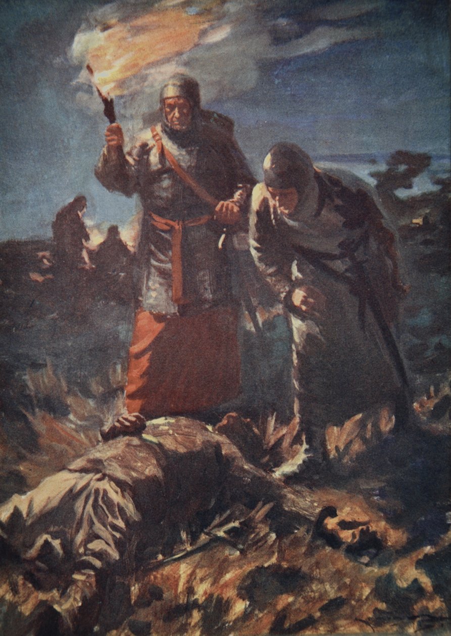 Marně hledali jeho mrtvé tělo mezi zabitými, ilustrace z „Historie Německa“ od H.E. Marshall od Arthur C. (after) Michael