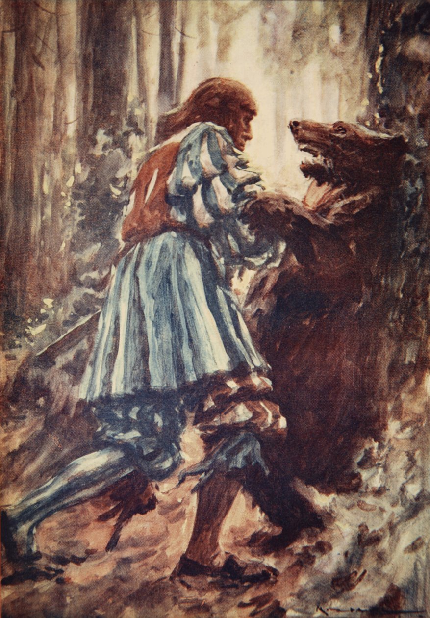 Jednou, když na něj zaútočila medvědice, udusil ji holýma rukama, ilustrace z „Historie Německa“ od H.E. Marshall od Arthur C. (after) Michael