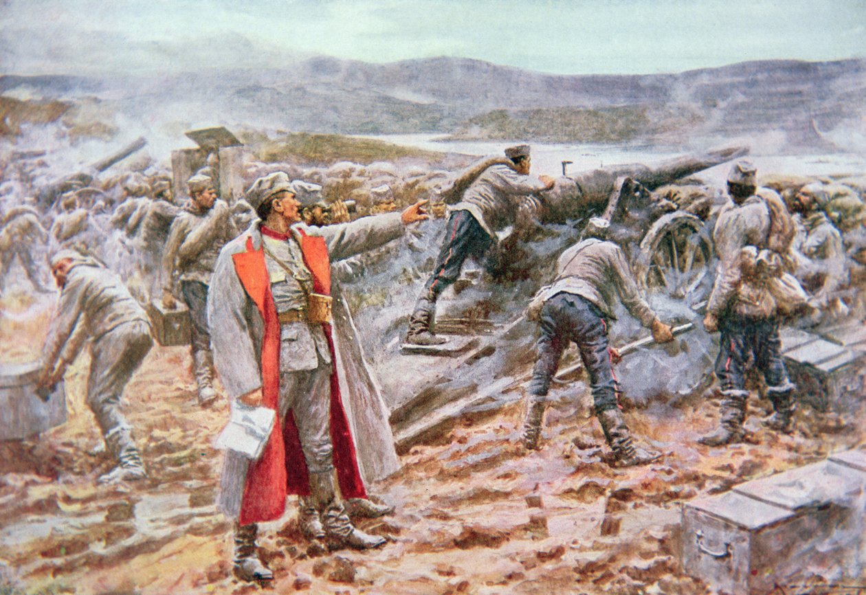Srbské dělostřelectvo v akci proti Rakušanům (color litho) od Arthur C. (after) Michael