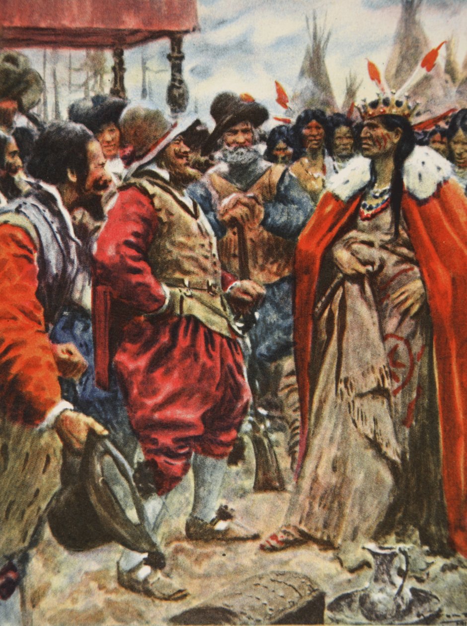 The Crowning of Powhatan, ilustrace z „Tato naše země, Příběh Spojených států“ od H.E. Marshall od Arthur C. (after) Michael