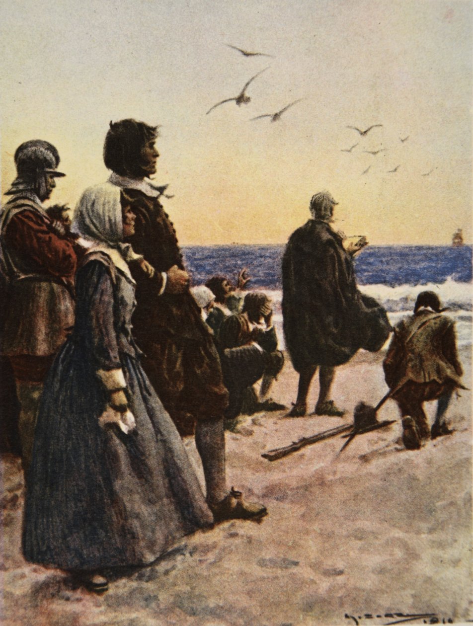 The Departure of the Mayflower, ilustrace z „Tato naše země, Příběh Spojených států“ od H.E. Marshall od Arthur C. (after) Michael
