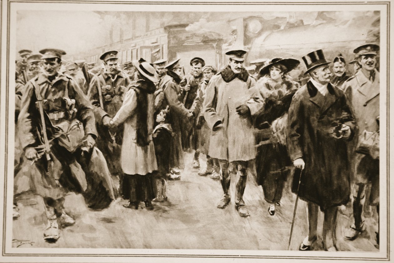 Víkend pryč z fronty: Britští důstojníci a muži na krátké dovolené ze zákopů přijíždějících do Victorie, z „The Illustrated War News“ od Arthur C. (after) Michael