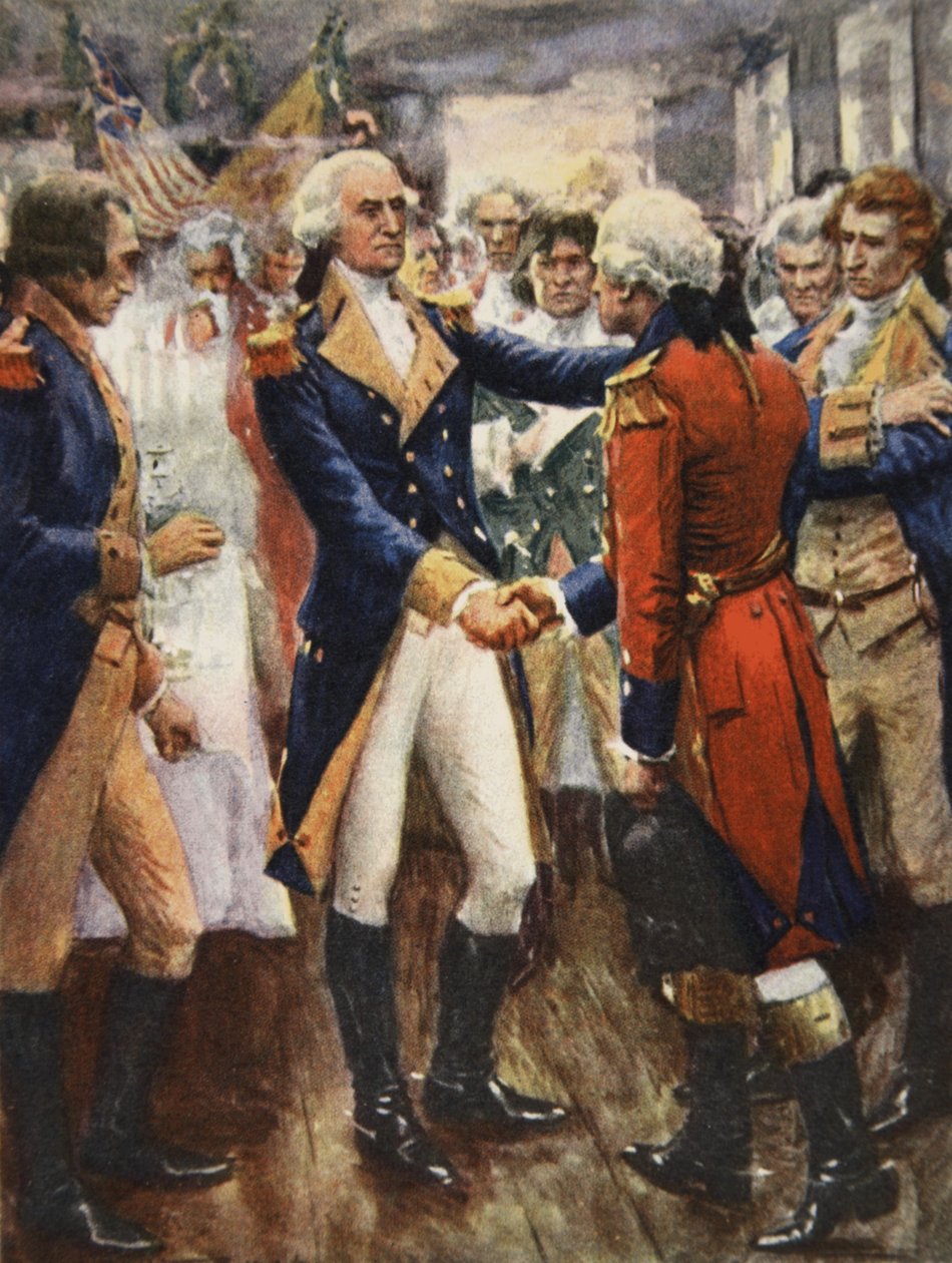 Washington se rozchází se svými důstojníky, ilustrace z „Tato naše země, Příběh Spojených států“ od H.E. Marshall od Arthur C. (after) Michael