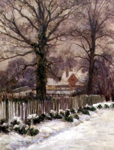 A Snow-Covered Lane, Radlett, Hertfordshire (olej na plátně) od Arthur Claude Cooke