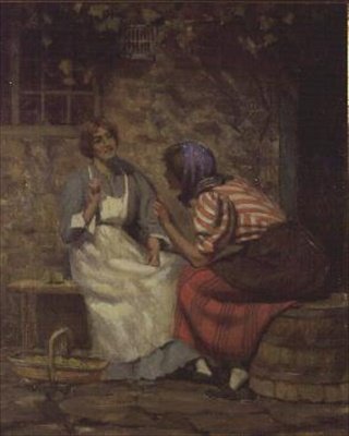 Skandál, dvě dívky klábosící před chatou od Arthur Claude Cooke