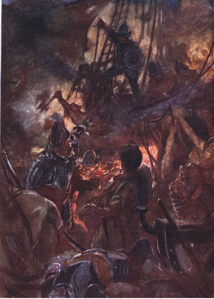 Zuřivě zuřivá a dlouhá bitva, ilustrace z Romance of History: The Netherlands, 20. léta od Arthur David McCormick