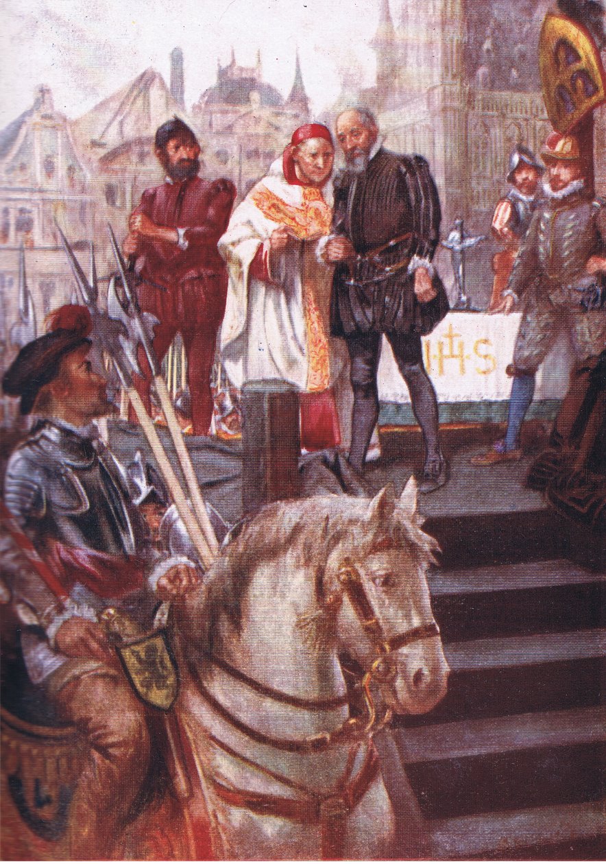 Uprostřed náměstí bylo postaveno lešení, ilustrace z Romance of History: Nizozemsko, 20. léta 20. století od Arthur David McCormick