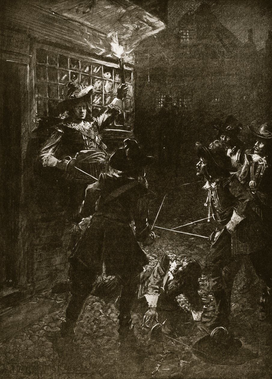 Stoupenci krále Karla II. napadli Sira Johna Coventryho, 1670, ilustrace z Hutchinsonova „Příběhu britského národa“, kolem roku 1920 od Arthur David McCormick