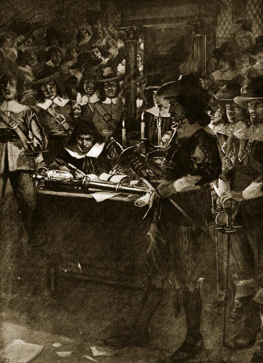 Strafford předkládá svůj meč v Dolní sněmovně, ilustrace z Hutchinsonova „Příběhu britského národa“, kolem roku 1920 od Arthur David McCormick