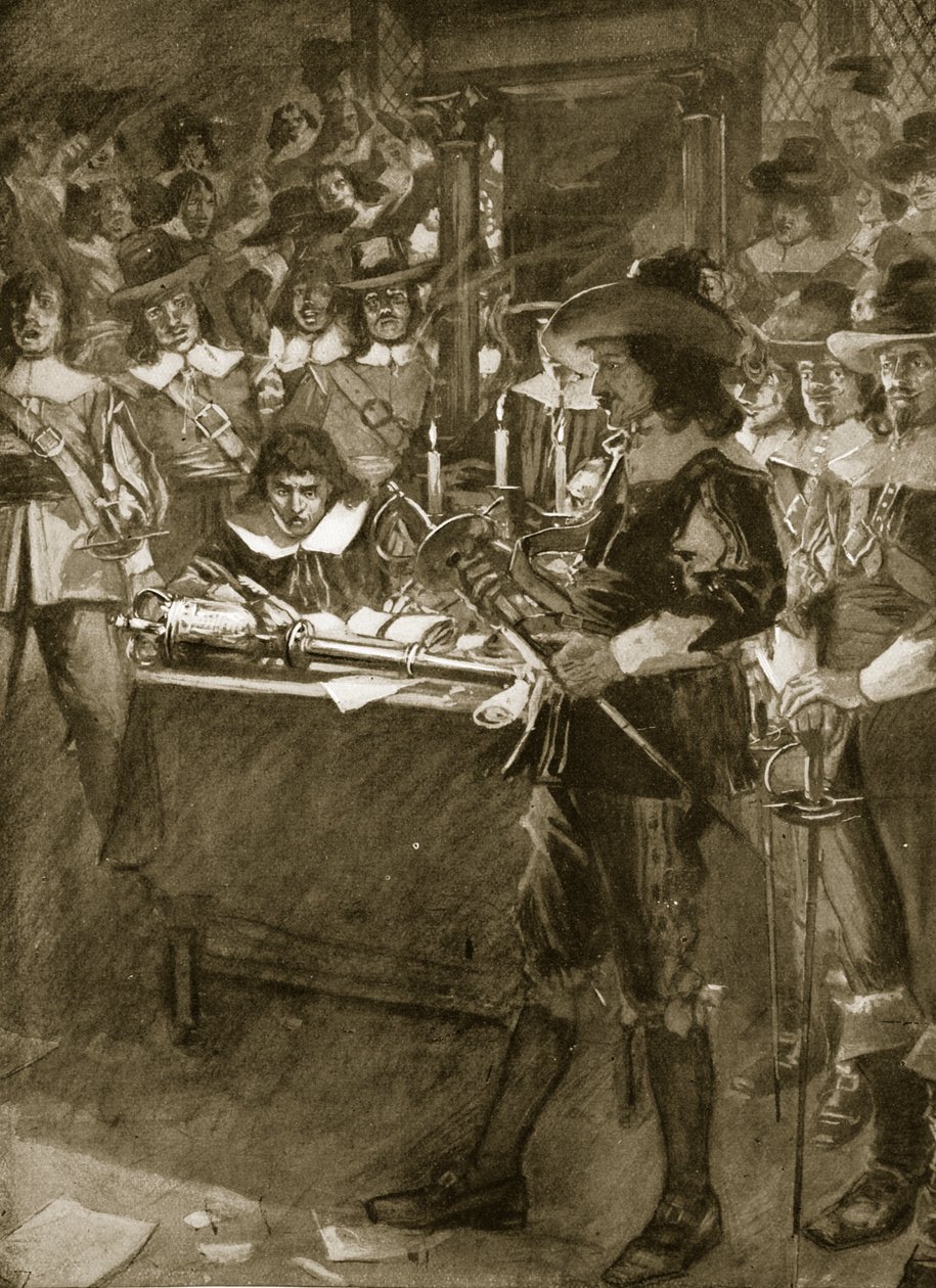 Strafford předává svůj meč Dolní sněmovně, ilustrace z „Hutchinsonova příběhu britského národa“, kolem roku 1923 od Arthur David McCormick