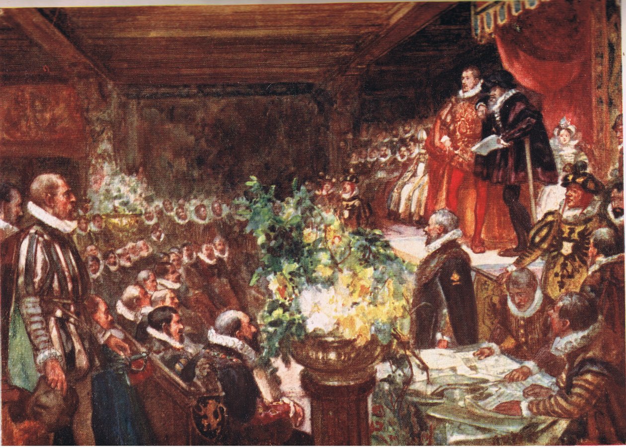 Císař dorazil opřený o rameno vysokého pohledného chlapce, ilustrace z Romance of History: The Netherlands, 20. léta od Arthur David McCormick