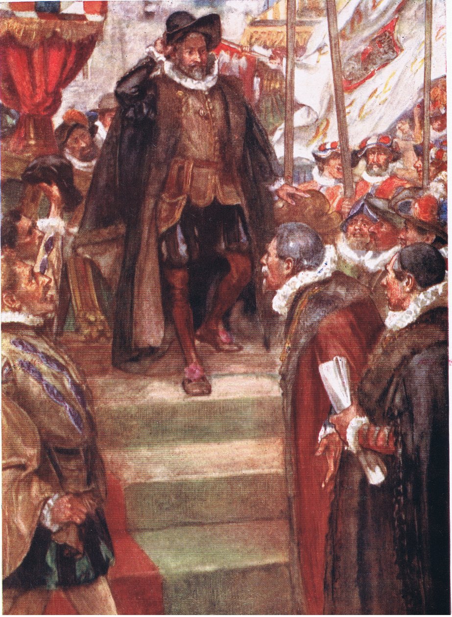 Princ Oranžský neznal větší okamžik než tento, ilustrace z Romance of History: Nizozemsko, 20. léta od Arthur David McCormick