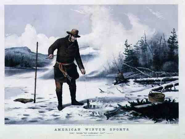 Americké zimní sporty: Lov pstruhů na jezeře Chateaugay, hospoda. od Currier & Ives od Arthur Fitzwilliam (after) Tait